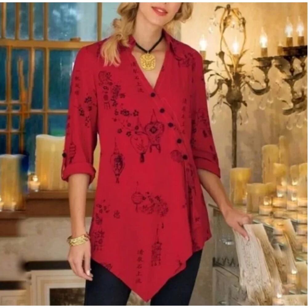 Soft Surroundings Small Tunic Top Pagoda Asian Wrap Button V Neck Red Black